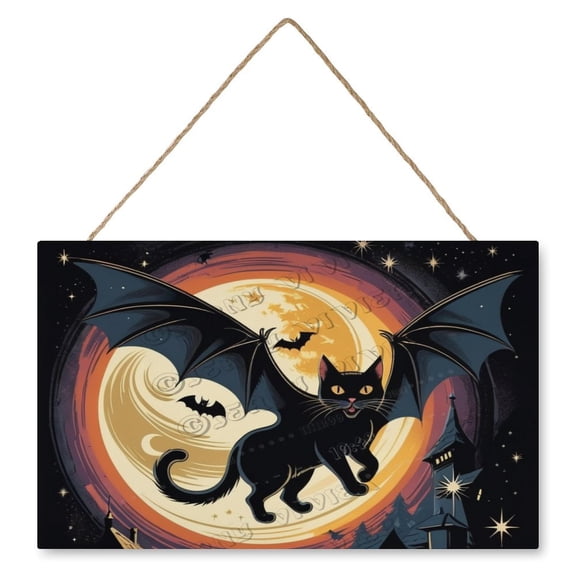 Black Cat Bat Moon Wooden Hanging Sign Black Cat Halloween Decoration Happy Halloween Patty Decor All Saints' Day Decor Horror Wood Wall Art Indoor Decor 10"x16"