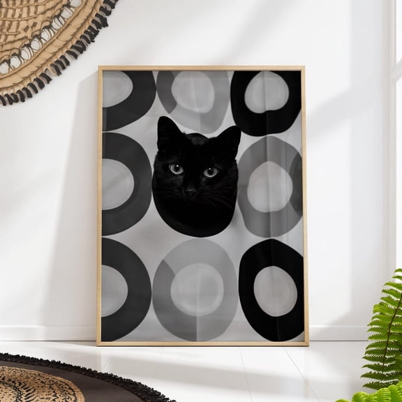 Black Cat Bathroom Art Retro Circles Modern Monochrome Decor, Unframed Paper Poster 8x10in