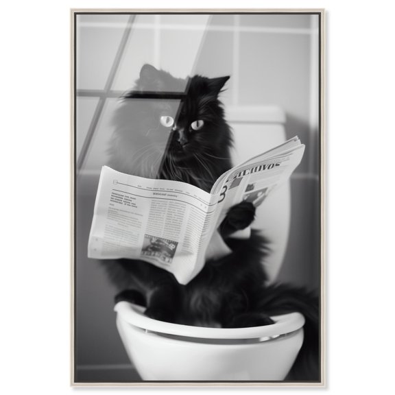Black Cat Bathroom Break Framed High-Gloss Acrylic Glass Wall Art Bathroom by Art Remedy, Silver Frame, 24 x 36
