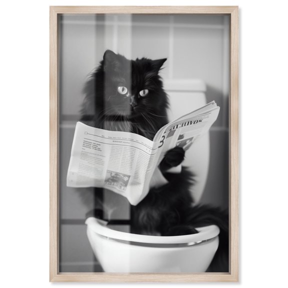 Black Cat Bathroom Break Shadowbox Print Bathroom Wall Decor by Art Remedy, Blonde Frame, 10 x 15