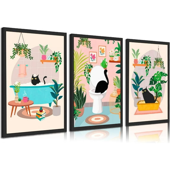 Black Cat Bathroom Canvas Wall Art Funny Cute Vintage Cats Wall Decor Pictures Green Plants Black Cat Posters Prints for Bathroom Home Decorations