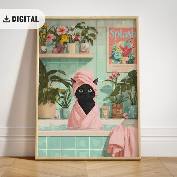 Black Cat Bathroom Poster, Cat Bathtub Decoration, Wall Decor, Wc Art, Unframed Poster Size 8x12