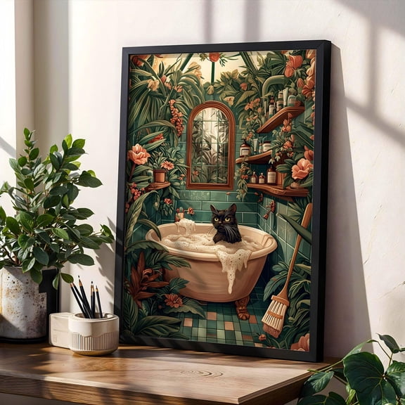 Black Cat Bathroom Poster Jungle Bathroom Art Botanical Spa Wall Decor Cat in Bathtub Print Poster Moody Green Floral Room Aesthetic Print Poster, Size 8x12 UNFFRAMED F03.1.6l1618