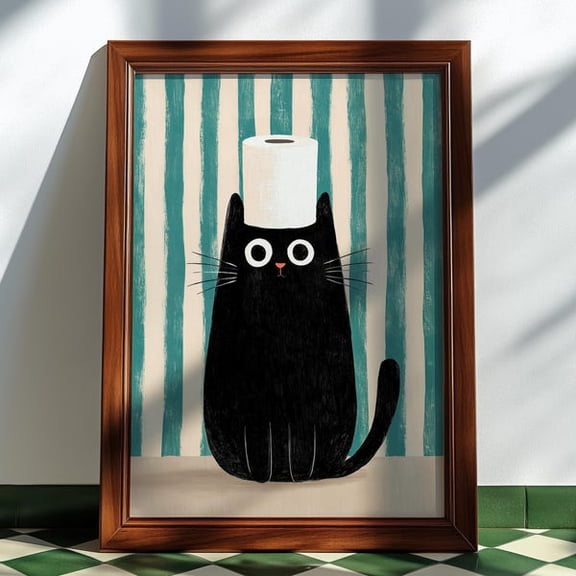 Black Cat Bathroom Poster, Teal Striped Wall Decor, Pet with Toilet Paper Print, Maximalist Animal Art, Print, Unframed Paper Poster 16x20in