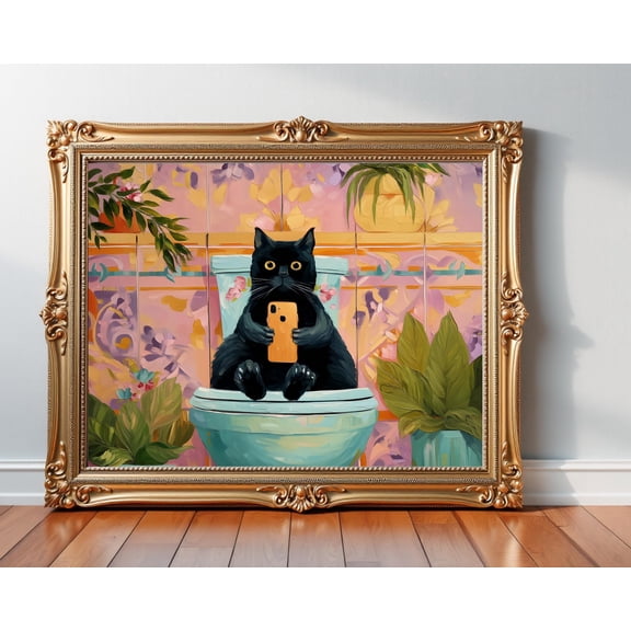 Black Cat Bathroom Poster Vintage Style Cat On Tet, Retro Feline Decor, Animal Art, Warm Present Vintage UNFRAMED Poster Size 16x24