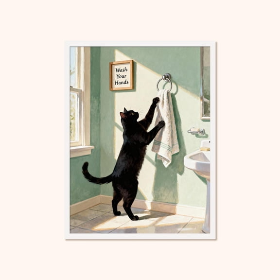 Black Cat Bathroom Poster, Vintage Style Powder Room Wall Art, Unframed Poster Size 8x12