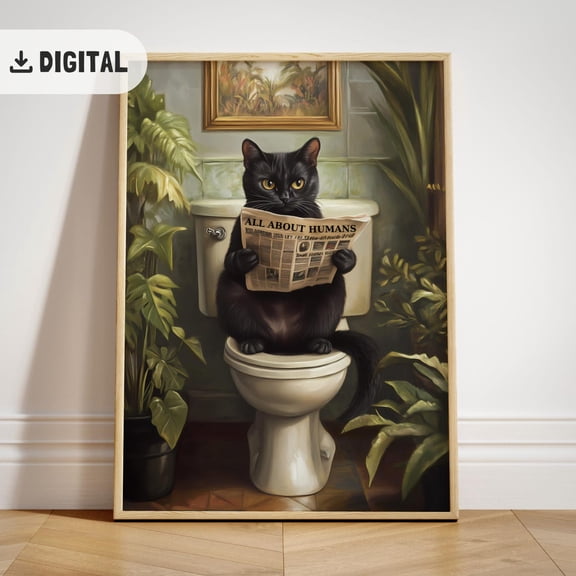 Black Cat Bathroom Poster, Wall Decor, Cat Pooping Poster Wc Art, Unframed Poster Size 8x12