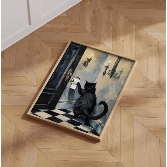 Black Cat Bathroom Poster Whimsical Tet Paper Art Home Decor Vintage ...