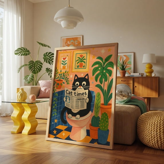 Black Cat Bathroom Print, Cat Reading Newspaper Wall Decor , Poster ...