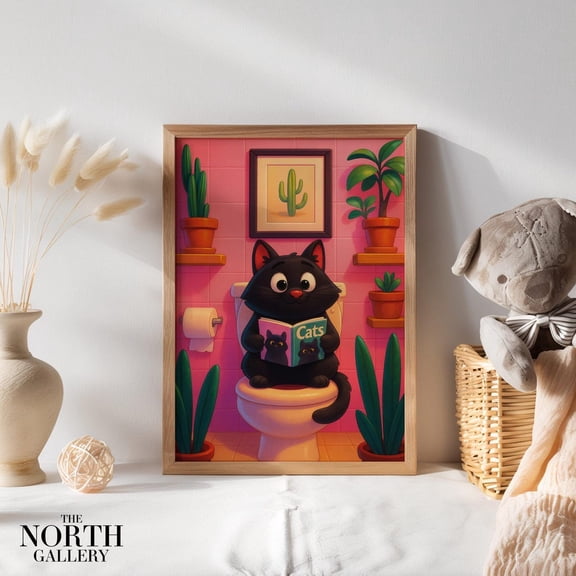 Black Cat Bathroom Print Reading Cats Magazine Toilet Art
