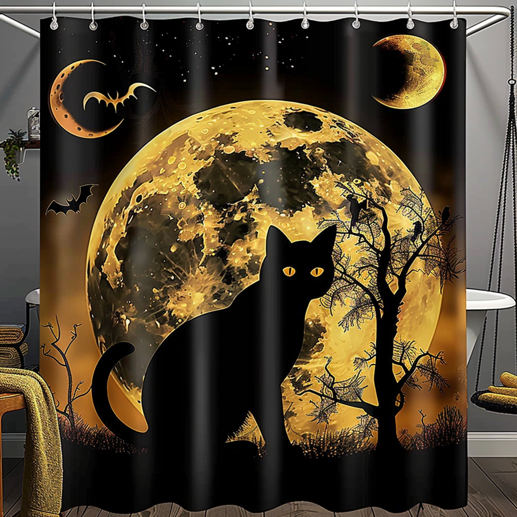 Black Cat Bathroom Shower Curtain with Full Moon and Bats Halloween ...