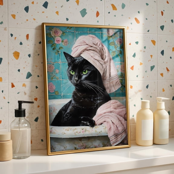 Black Cat Bathroom Wall Art Cute Animal Feline Vanity Quirky Bath Decor For Lover Design1 Unframed Paper Print