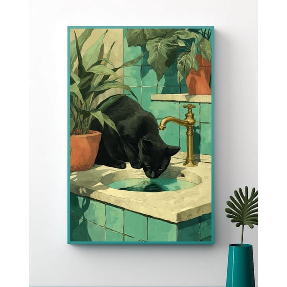 Black Cat Bathroom Wall Art, Mid-Century Modern Illustration, Teal And Brass Vintage Decor , Minimalist Animal Art Unframed Paper Print