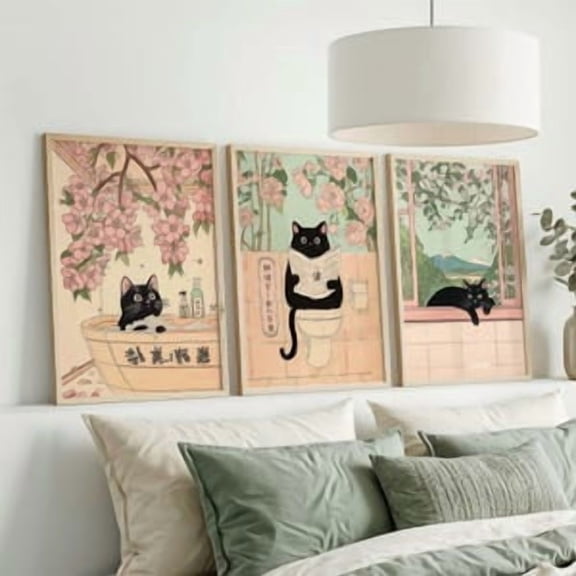 Black Cat Bathroom Wall Art Set of 3, Japanese Style Cat Pooping Funny Prints, Cat on Toilet, Bath Decor for Restroom Cat Art Gift Idea, Poster Only