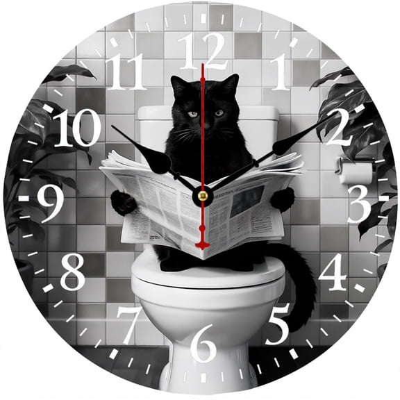 Black Cat Bathroom Wall Clock 9.84 Inch, Funny Cat Reading Newspaper Decorative Round Analog Clock, Battery Operated Non Ticking Clock for Bathroom Restroom Home Decor