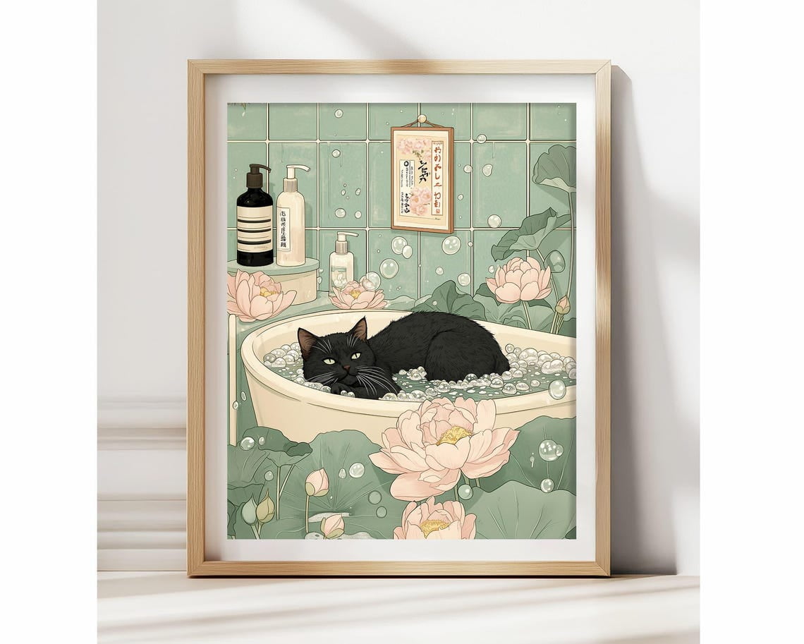 Black Cat In Bathtub Japanese Art Print – Minimalist Bathroom Wall ...