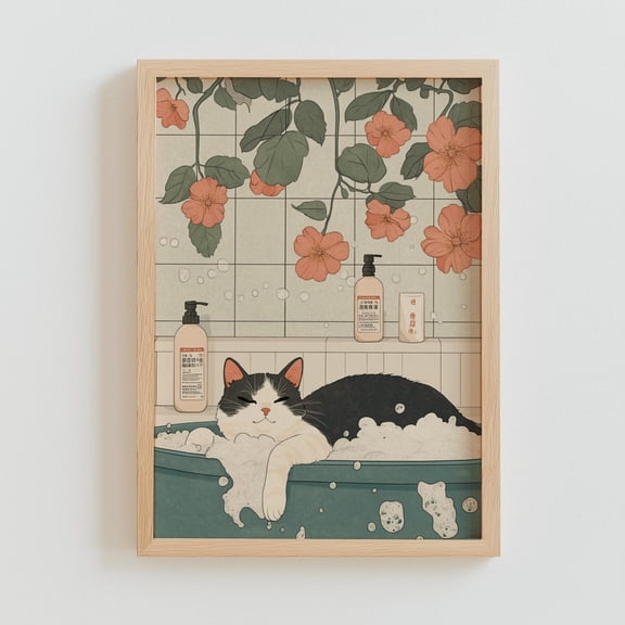Black Cat In A Bathtub, Japanese Bathroom Wall Art, Relaxation Poster, Japan Cat Wall Art, Aesthetic Minimalism, Neutral Japandi Print Wall Art, Modern Wall Decor, 8x12 UNFRAMED