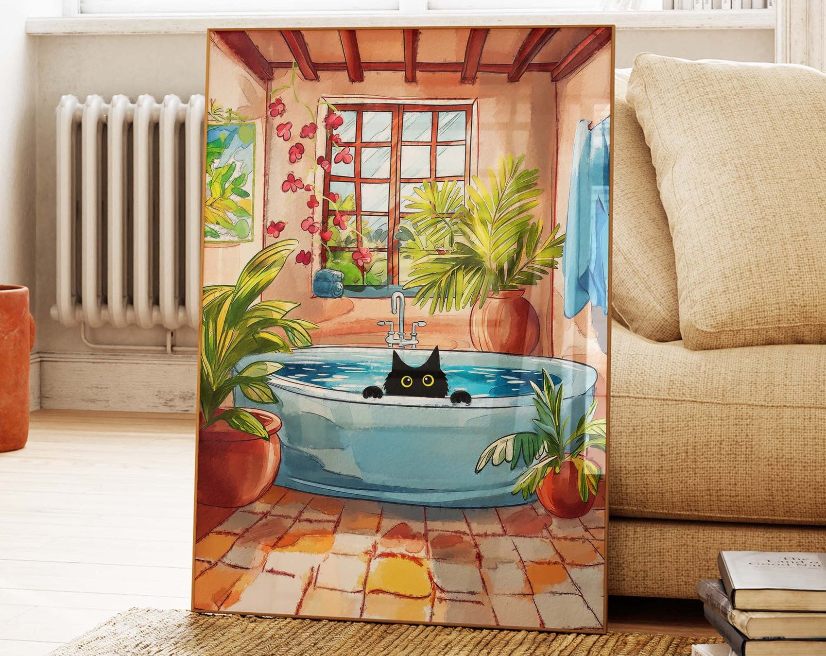 Black Cat in Bathtub Poster - Peeking Cat Bathroom Wall Art for Cat ...