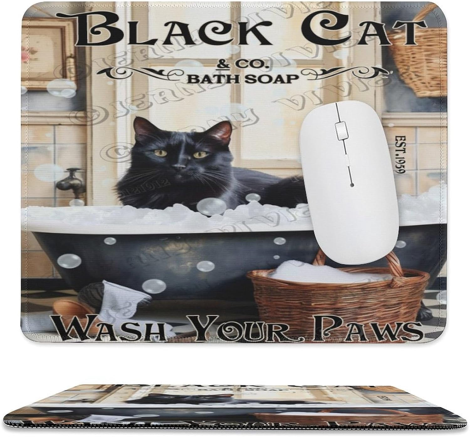 Black Cat in The Bathtub Print Mouse Pad with Stitched Edge,Premium ...