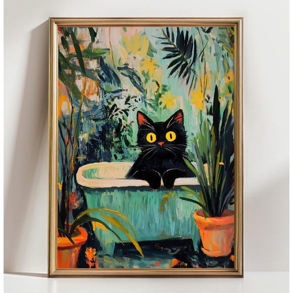 Black Cat Bathtub Wall Art Print Botanical Bathroom Cat Whimsical Cat Lover Decor