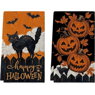 Black Cat Bats Halloween Kitchen Towels Set of 2 18x26 Inch | Pumpkin Leaves Hand & Dish Towels,Ultra Absorbent,Seasonal Farmhouse Decoration