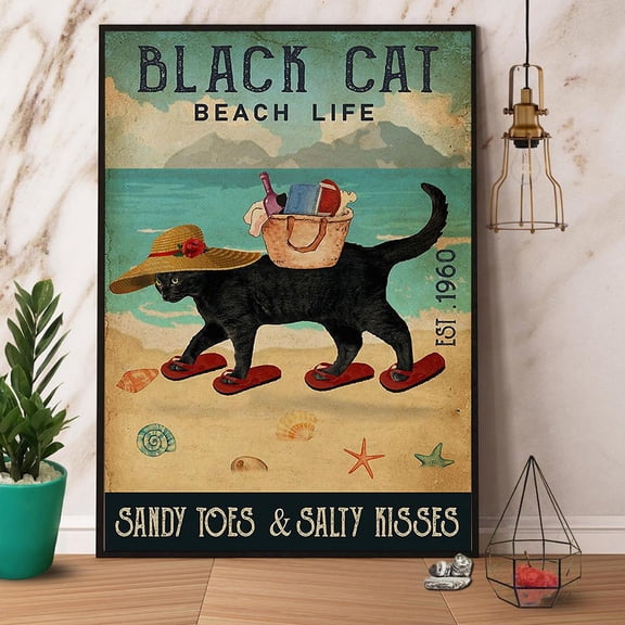Black Cat Beach Life Sandy Toes Paper Poster No Frame Matte Wall Art Decor 16 x 24 Inch Poster