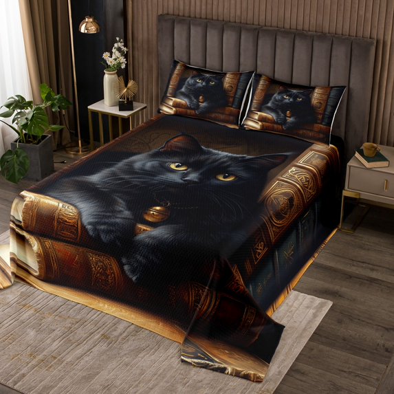 Black Cat Bedspread Twin Size,Tribal Kitten Pet Animal Mystic Bedding Set 2pcs for Living Room Decor,Vintage Magical Books Golden Boho Mandala Quilted Coverlet with 1 Pillowcase