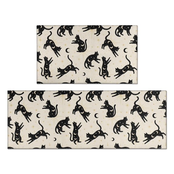Black Cat Beige Pattern Anti Fatigue Kitchen Rugs Set Of 2, Non Slip Washable Decorative Floor Mats for Kitchen Sink Laundry, 17"x30" and 17"x47"