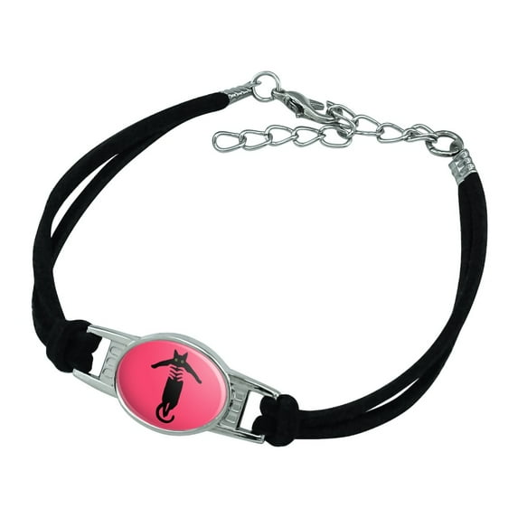 Black Cat Being Lifted Novelty Suede Leather Metal Bracelet