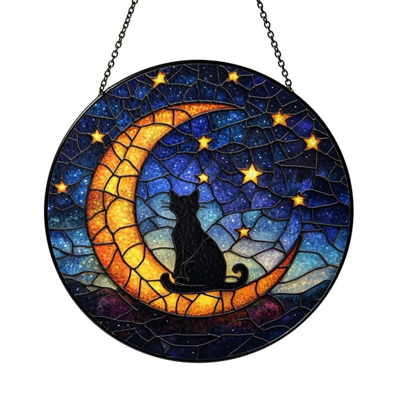 Black Cat Beneath Crescent Moon and Stars Stained Glass Suncatcher Cosmic Window Hanging Night Sky Inspired Cat Decor
