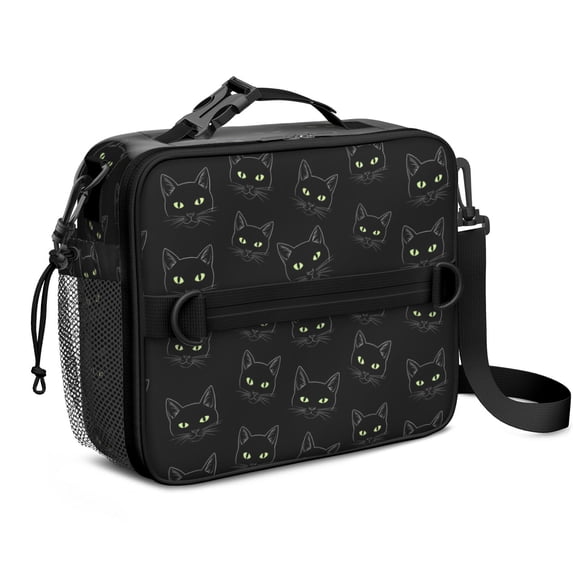 Black Cat Black Pattern Insulated Lunch Bag with Shoulder Strap and Bottle Holder,Bento School Lunch Bag Box,11x9.5x3.5 Inches
