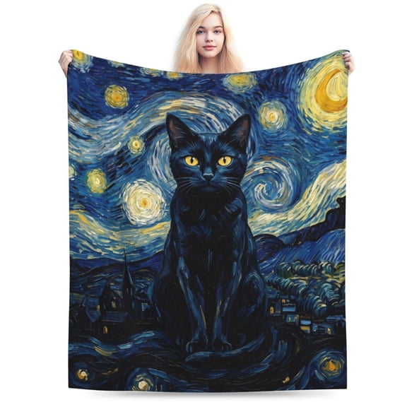 Black Cat Blanket, Elegant Celestial Moon Phase Artwork, Cozy Warm Bedroom Bedding Blanket 50x40