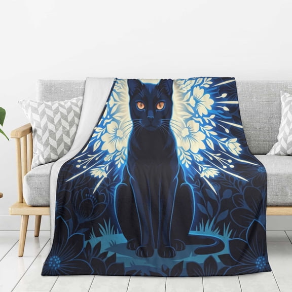 Black Cat Blanket Flannel Fleece Throw Blanket, Cute Flower Cats Gifts for Lovers Adults, Cozy Stuff for Couch Sofa Bed Room Decor 50x40