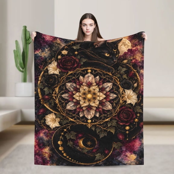Black Cat Blanket Gothic Floral Flannel Throw Blanket Gift for Cat Lovers Witchy Home Decor 50x40 in
