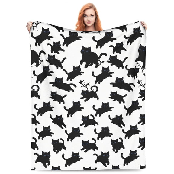 Black Cat Blanket, Leaping Black Cat Patterned Fleece Throw, Modern Minimalist Decor For Guest Room & Sunroom 50x40