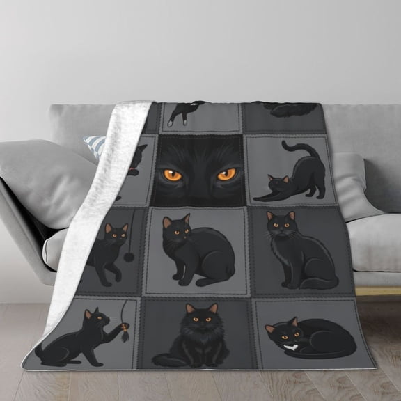 Black Cat Blanket - Multi Pose Black Cat Patchwork Throw, Funny Cat Life Actions, Soft Flannel Fleece For Couch Bed Sofa 60x50