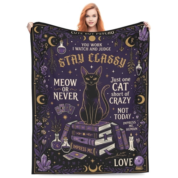 Black Cat Blanket, Mystical Witchy Magic Library Illustration Soft Flannel Fleece Blanket, Gothic Tarot & Crystal Patterned Throw For Sofa 50x40