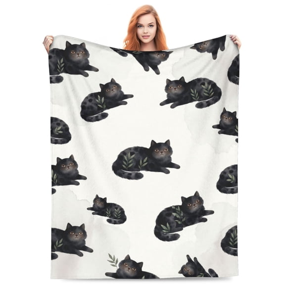 Black Cat Blanket, Unique Hand-Painted Style Animal Art Soft Plush Blanket, Decorative Ink Wash Pattern Throw For Cat Lovers & Home Decor 50x40