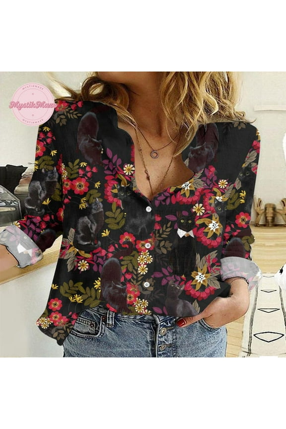 Black Cat Blouse Shirt, Black Cat Women Blouses, Cat Blouse Button Shirt, Black Cat Blouse Blouse, Animal Button Down Shirt For Vacation, Blouse Women Shirt