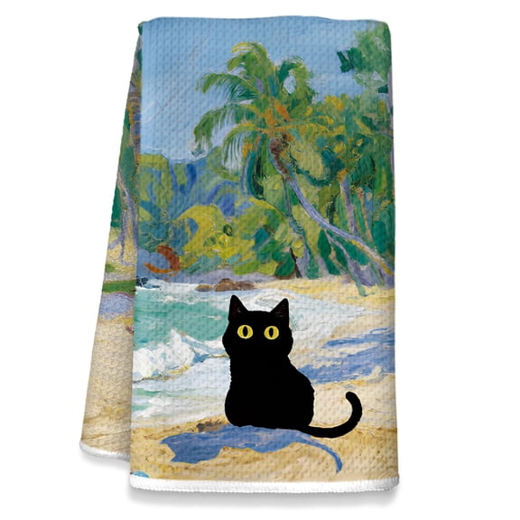 Black Cat Blue Flower Kitchen Towels, Decor for Kitchen Bathroom Home, Cute Hand Towels Dish Towels, Gifts for Cat Lovers, Waffle Weave Microfiber,16×24 Inches