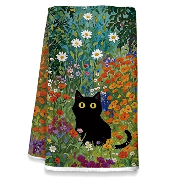 Black Cat Blue Flower Kitchen Towels, Decor for Kitchen Bathroom Home, Cute Hand Towels Dish Towels, Gifts for Cat Lovers, Waffle Weave Microfiber,16×24 Inches