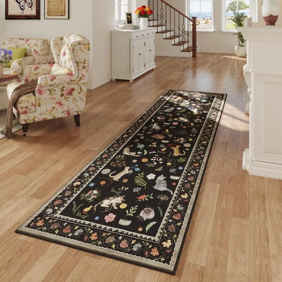 Black/Cat Bohemian Floral Cat Motif Non-Slip Runner Rug, 2x5 Ft Low Pile Washable Hallway Entryway Carpet