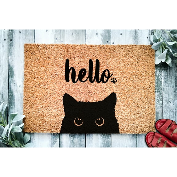 Black Cat Bombay Hello | Cute Cat Peeking Doormat | Welcome Mat | Funny Door Mat | Funny Gift | Home Doormat | Housewarming | Closing Gift