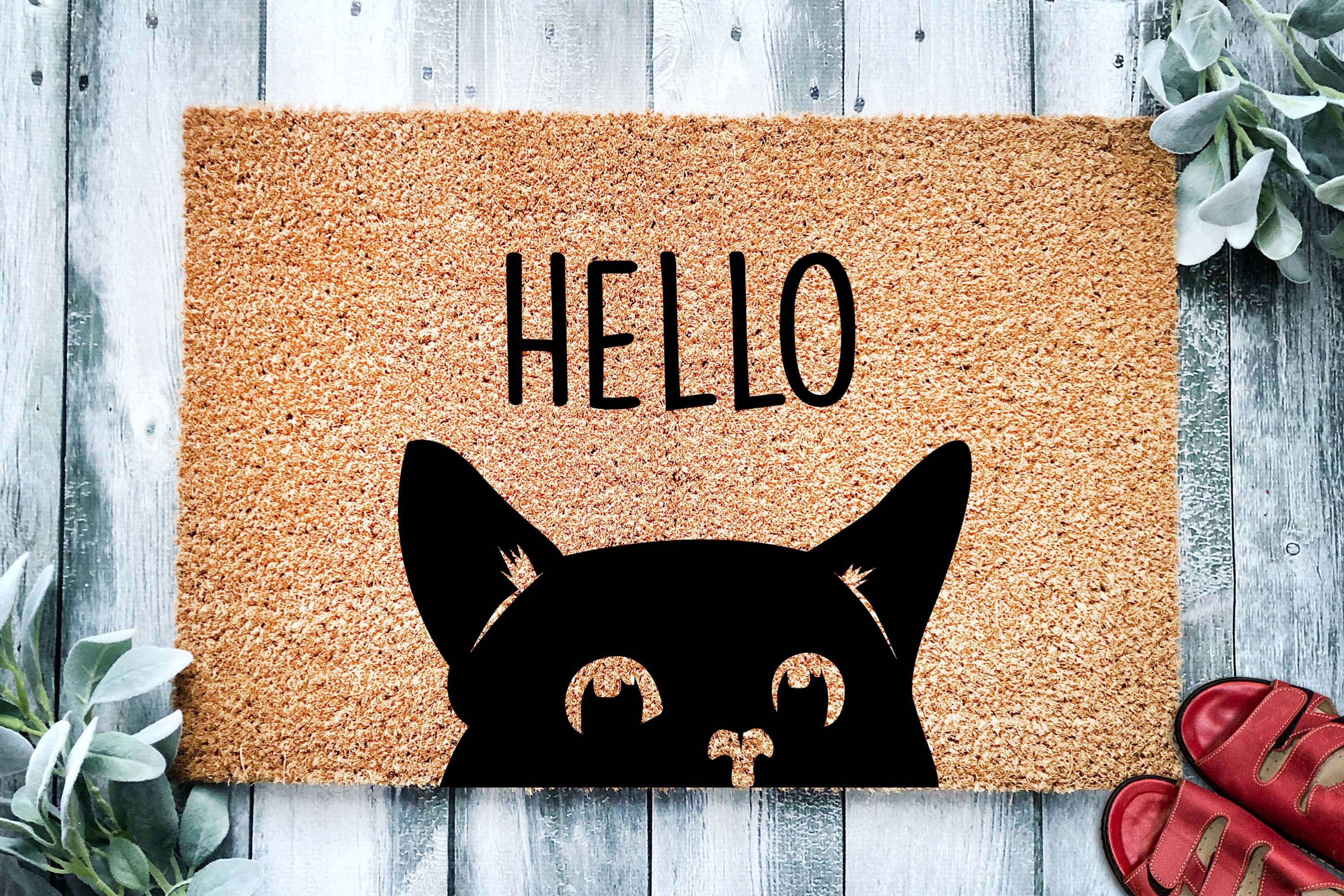 Black Cat Bombay Hello Cute Cat Peeking Doormat Mat Funny