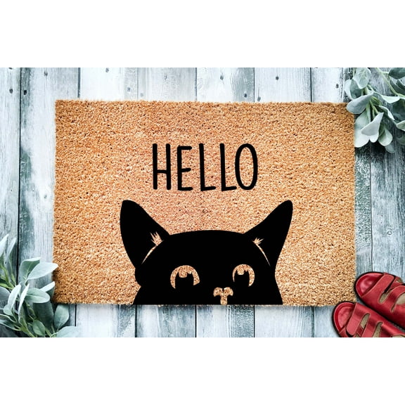 Black Cat Bombay Hello | Cute Cat Peeking Doormat | Welcome Mat | Funny Door Mat | Funny Gift | Home Doormat | Housewarming | Closing Gift
