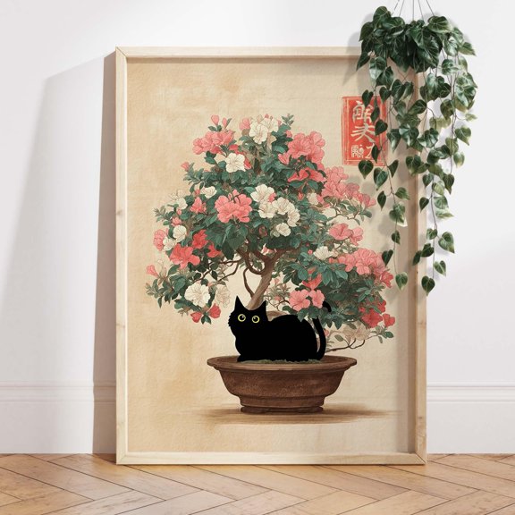 Black Cat Bonsai Art Print Japanese Botanical Wall Art Poster