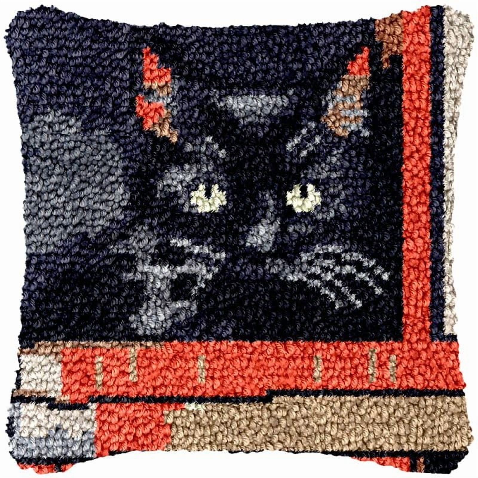 Black Cat & Book Latch Hook Pillow Cover Kits for DIY Handmade Throw Pillow Cross Stitch Latch Hook Pillowcase Rug Kits with Preprinted Color Pattern Canvas Crochet Yarn Kits 17''X 17''(ys117)