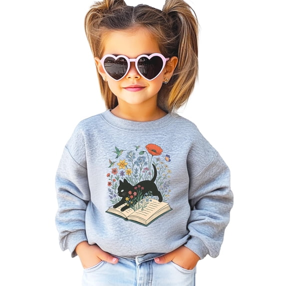 Black Cat Book Lover Sweatshirt for Adults & Kids Whimsical Floral Bookworm Sweater for Reader Gray Sweatshirt Youth Medium