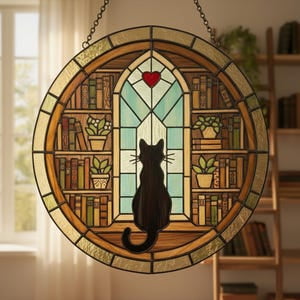 Black Cat Book Nook Acrylic Suncatcher, Glass Style Library Window Hanging, Cozy Reading Cat Art, Book Lover Gift, 3.5 in