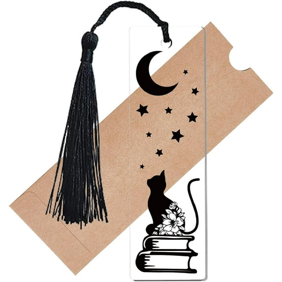 Black Cat Bookmarks Acrylic Bookmarks Clear with Tassels Stars Moon Transparent Rectangle Book Markers Tag for Craft School Students Book Lovers Graduation Gift 1.3 x 4.6Inch